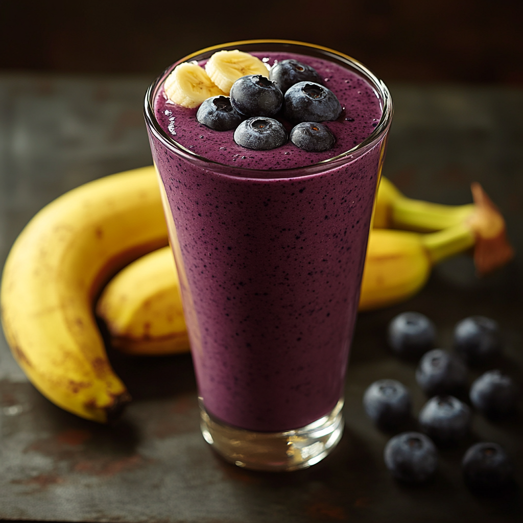 A glass of blueberry smoothie with bananas on the side.