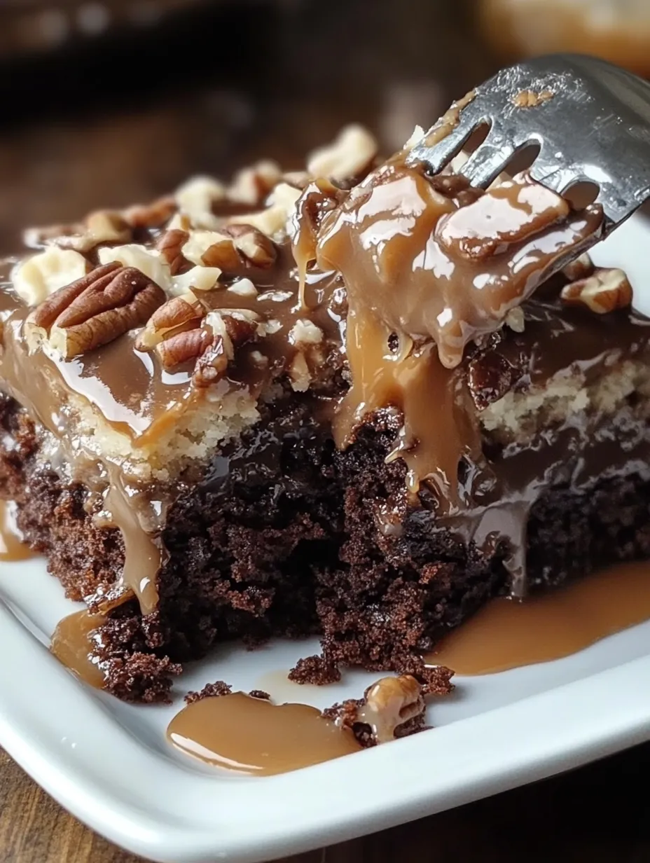 A slice of German chocolate poke cake.
