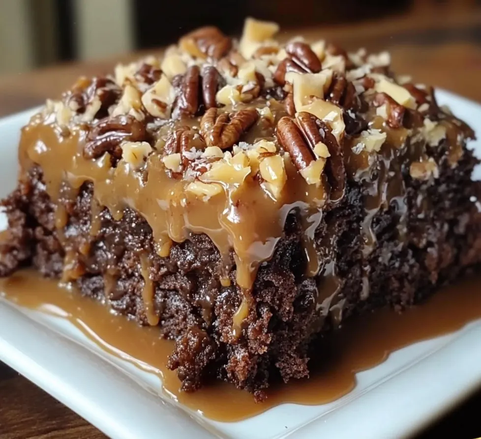 A slice of German chocolate poke cake.