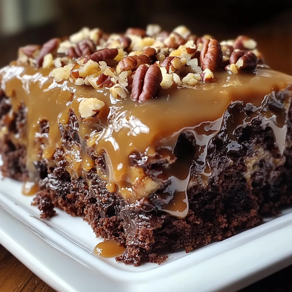 A slice of German chocolate poke cake.