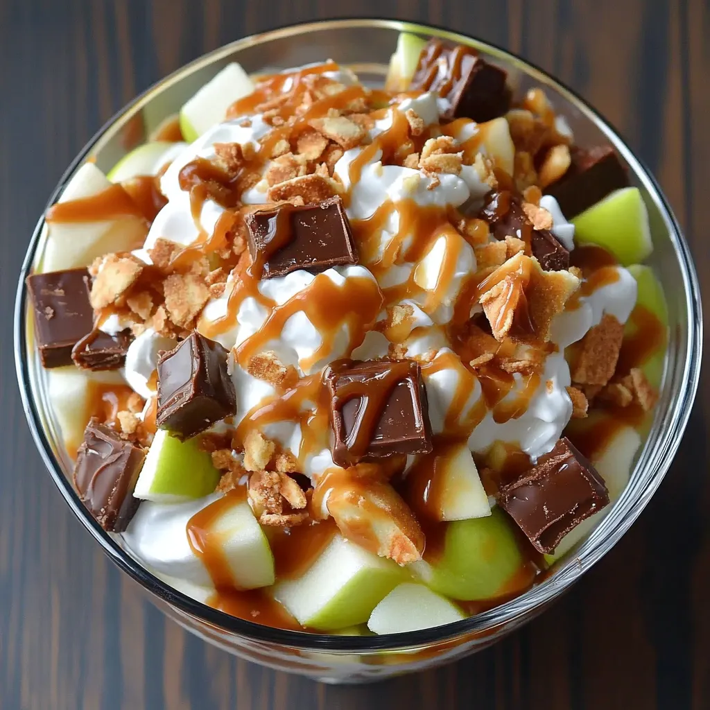 A bowl of Caramel Apple Snickers Salad.
