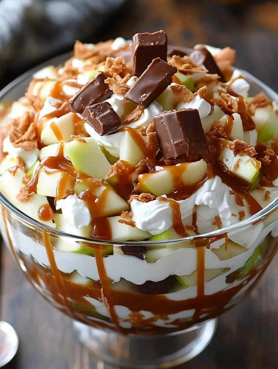 A close up of a caramel apple snickers salad.