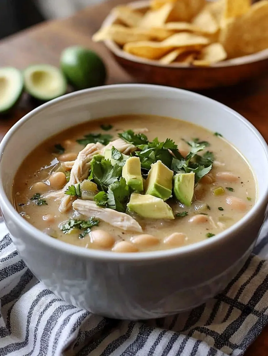 A bowl of chicken chili with avocado and lime.