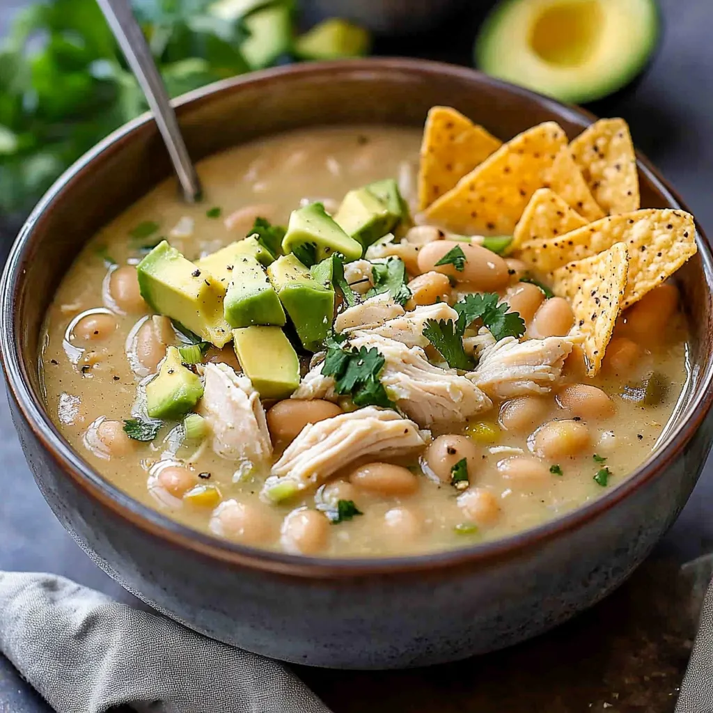 A bowl of white chicken chili with chips on top.