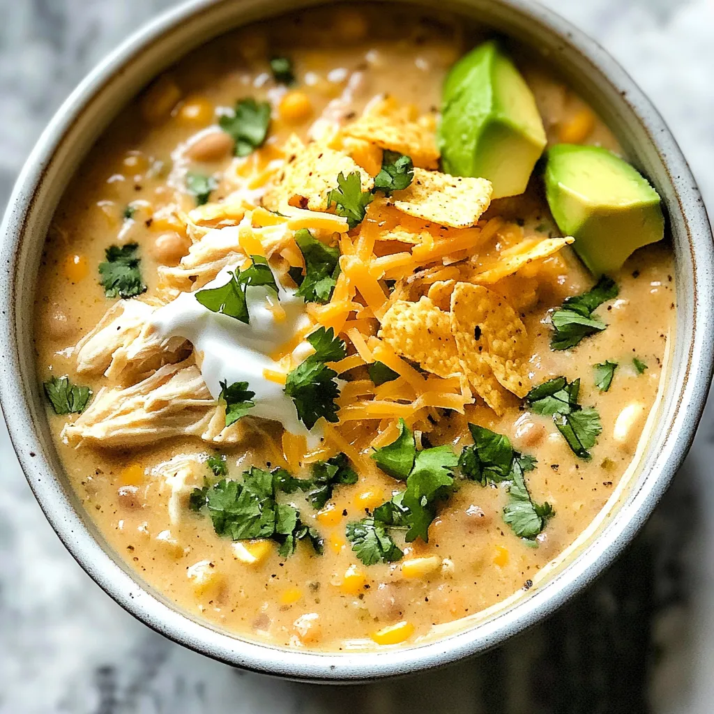 A bowl of white chicken chili with chips on top.