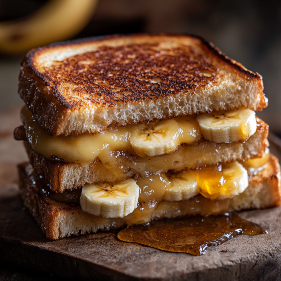 A grilled cheese sandwich with bananas and honey.