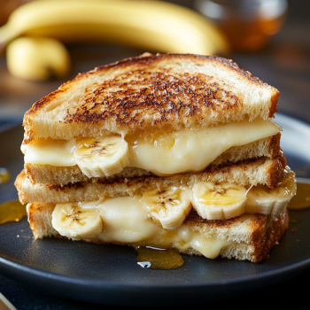 A grilled cheese sandwich with bananas on top.