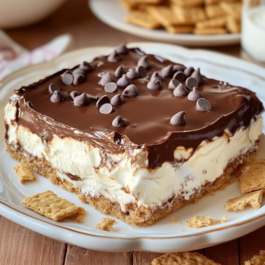 A slice of chocolate cake with chocolate chips on top.