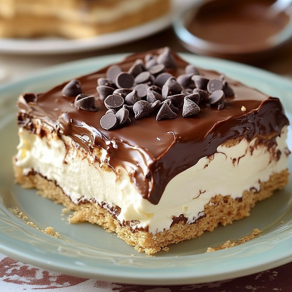 A slice of chocolate eclair cake on a plate.