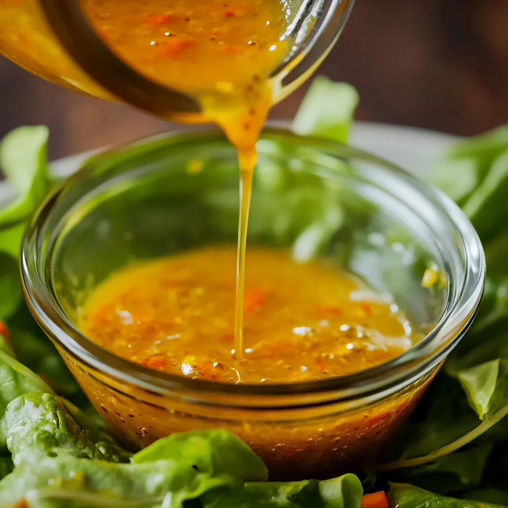 A glass of sauce being poured over a salad.