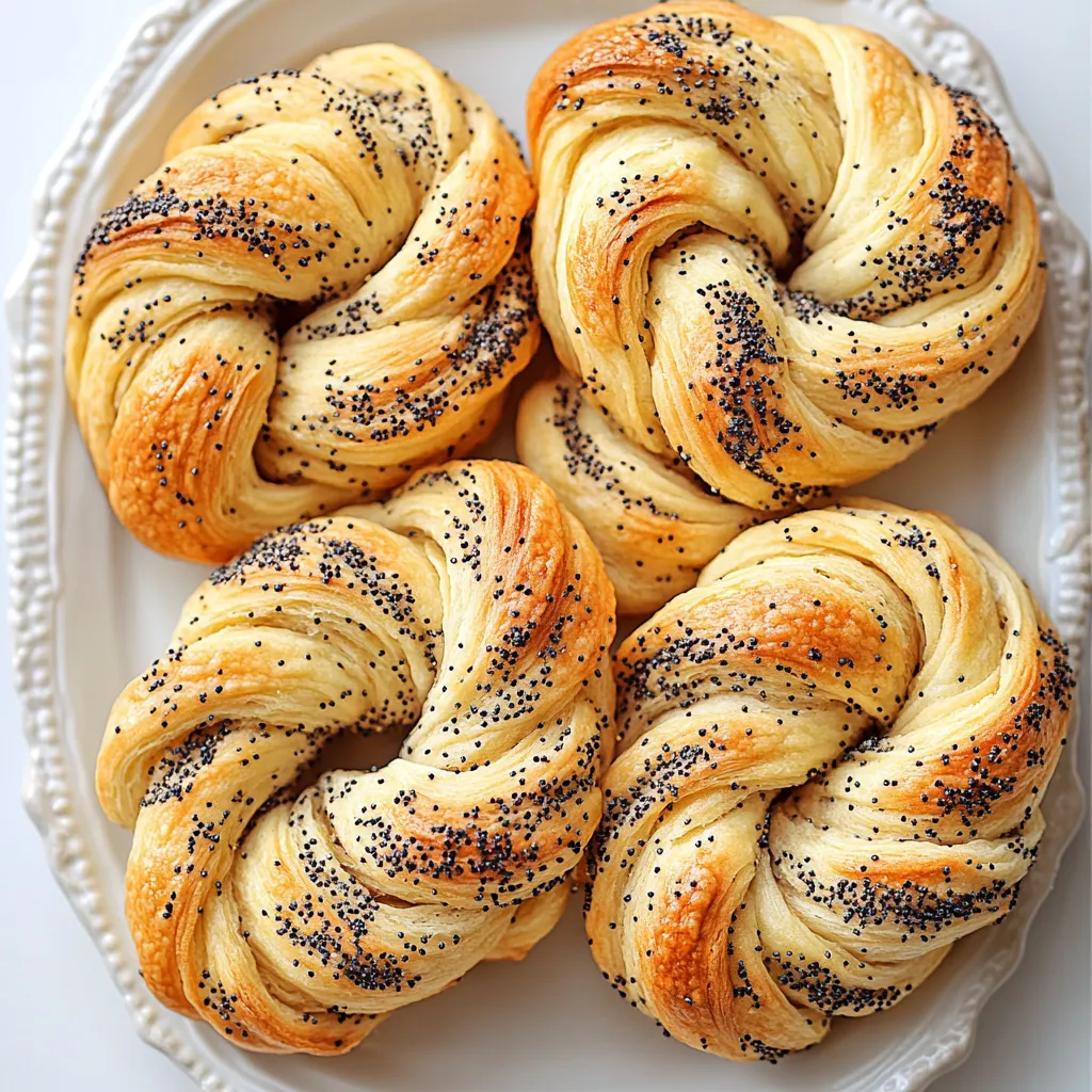 Three rolls of bread with seeds on a plate.