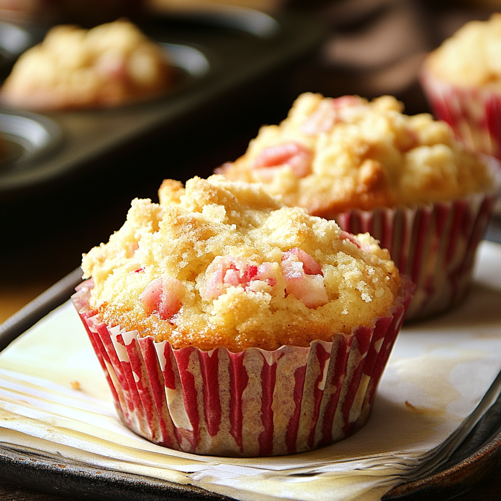 A plate of muffins with a red and white striped cupcake.