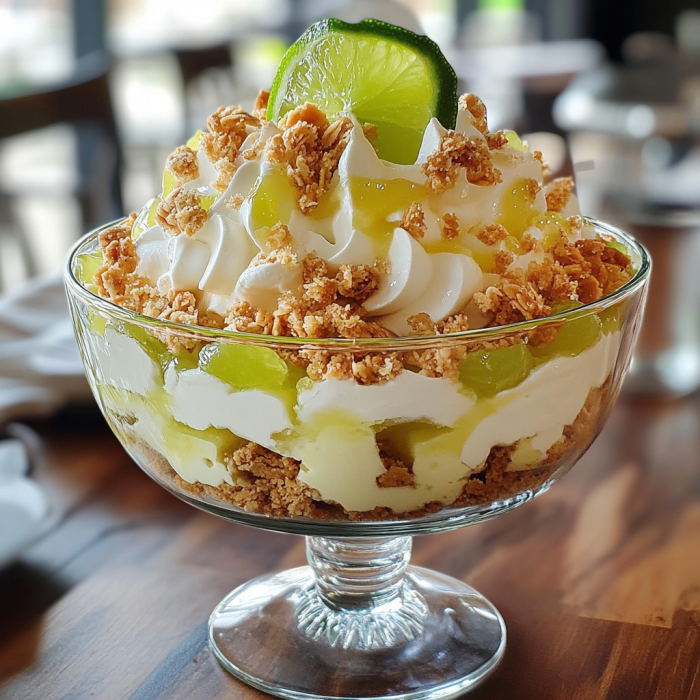 A bowl of fruit with a slice of lime on top.