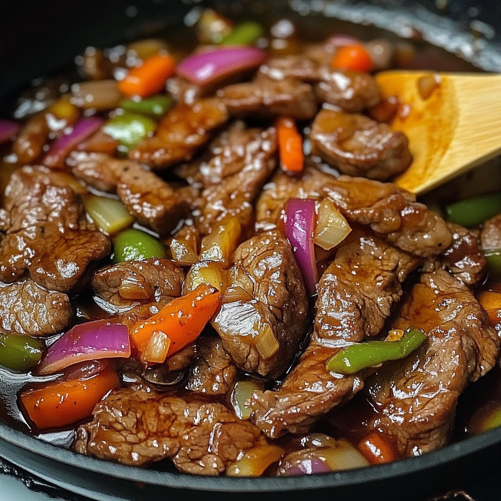 A stir fry with peppers and onions.