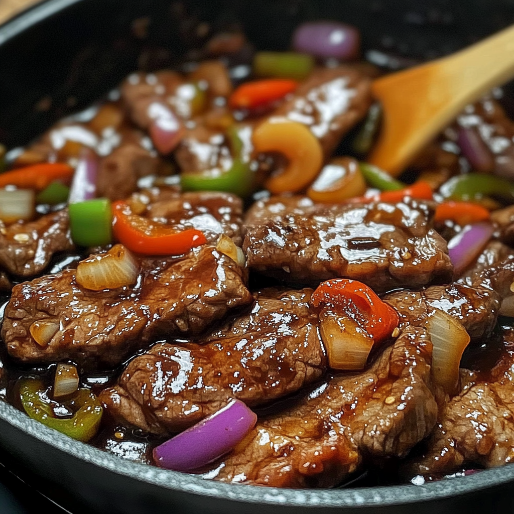 A close up of a stir fry dish with meat and vegetables.