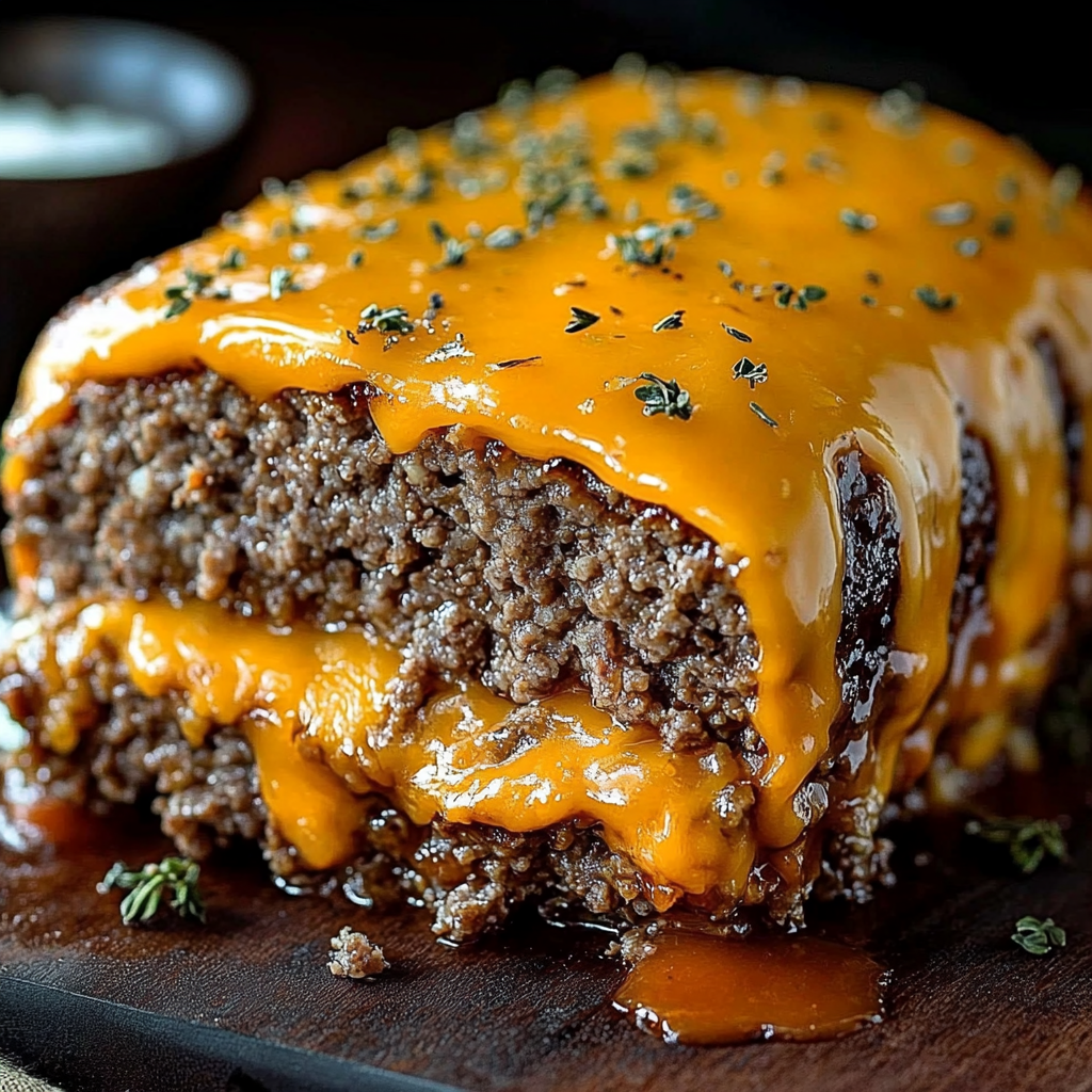 A cheeseburger meatloaf with a glaze on top.