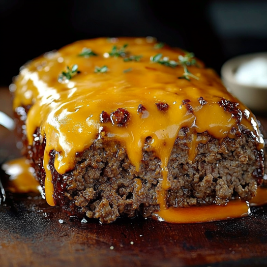 A cheeseburger meatloaf with cheese dripping off.