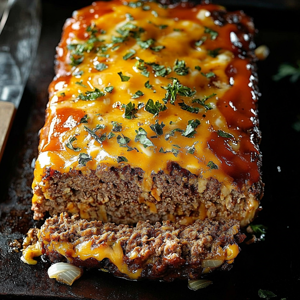 A slice of cheeseburger meatloaf.