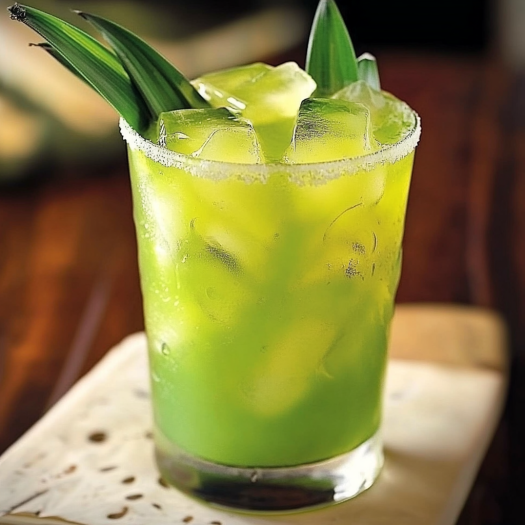 A glass of green drink with a lime wedge in it.