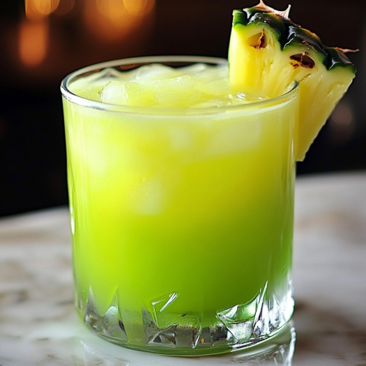 A glass of a green drink with a pineapple wedge on top.
