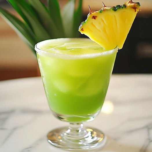 A glass of green liquid with a pineapple wedge on top.