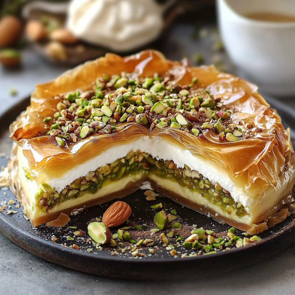A slice of honey pistachio baklava cheesecake.