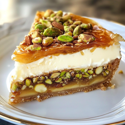A slice of Honey Pistachio Baklava Cheesecake.