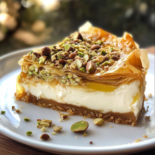 A slice of Honey Pistachio Baklava Cheesecake.