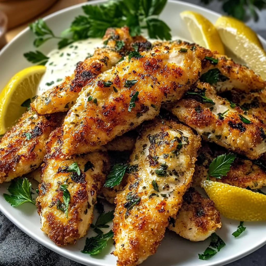 A plate of chicken with lemon wedges and herbs.
