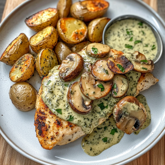 A plate of food with mushrooms and potatoes.