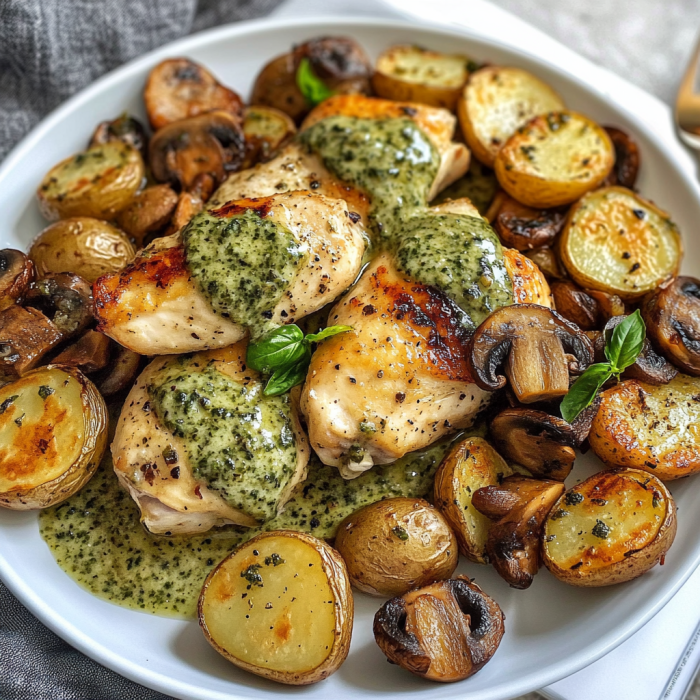 A plate of food with chicken, potatoes, and mushrooms.