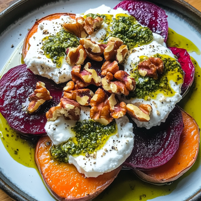 A plate of food with a nut on top.