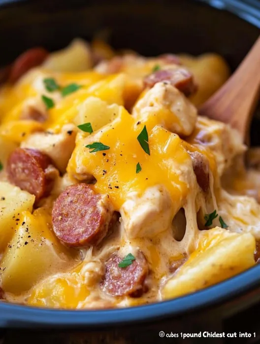 A close up of a delicious cheesy chicken sausage casserole.