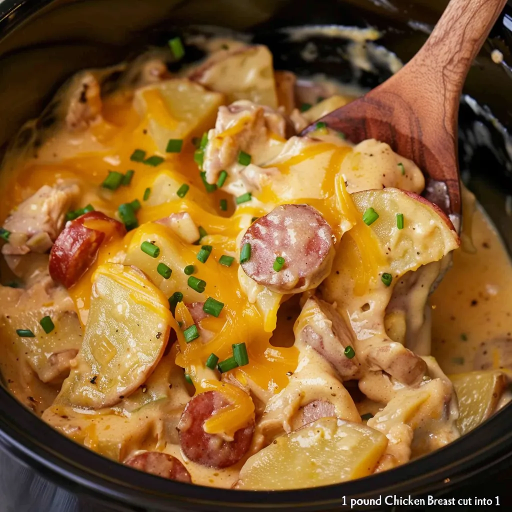 A bowl of chicken and sausage with cheese.