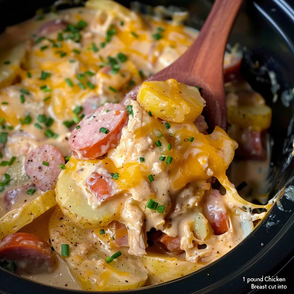 A close up of a delicious chicken and sausage casserole.
