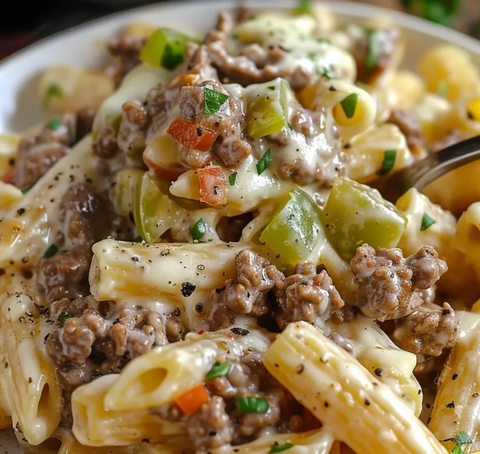 A plate of pasta with meat and cheese.
