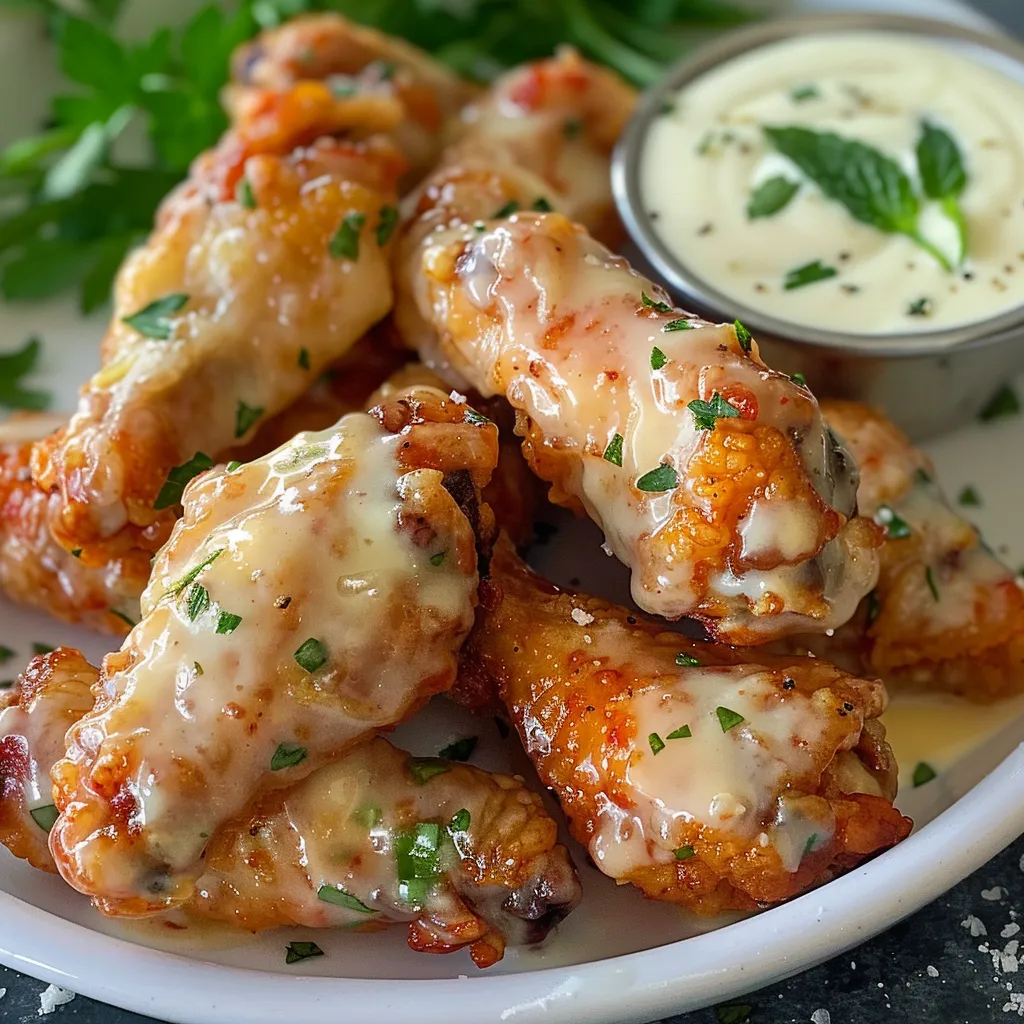 Alfredo chicken wings on a plate.