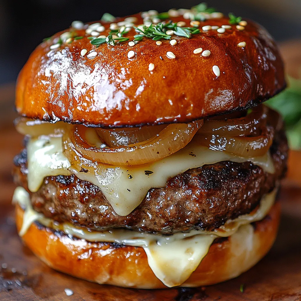 A burger with onions and cheese.