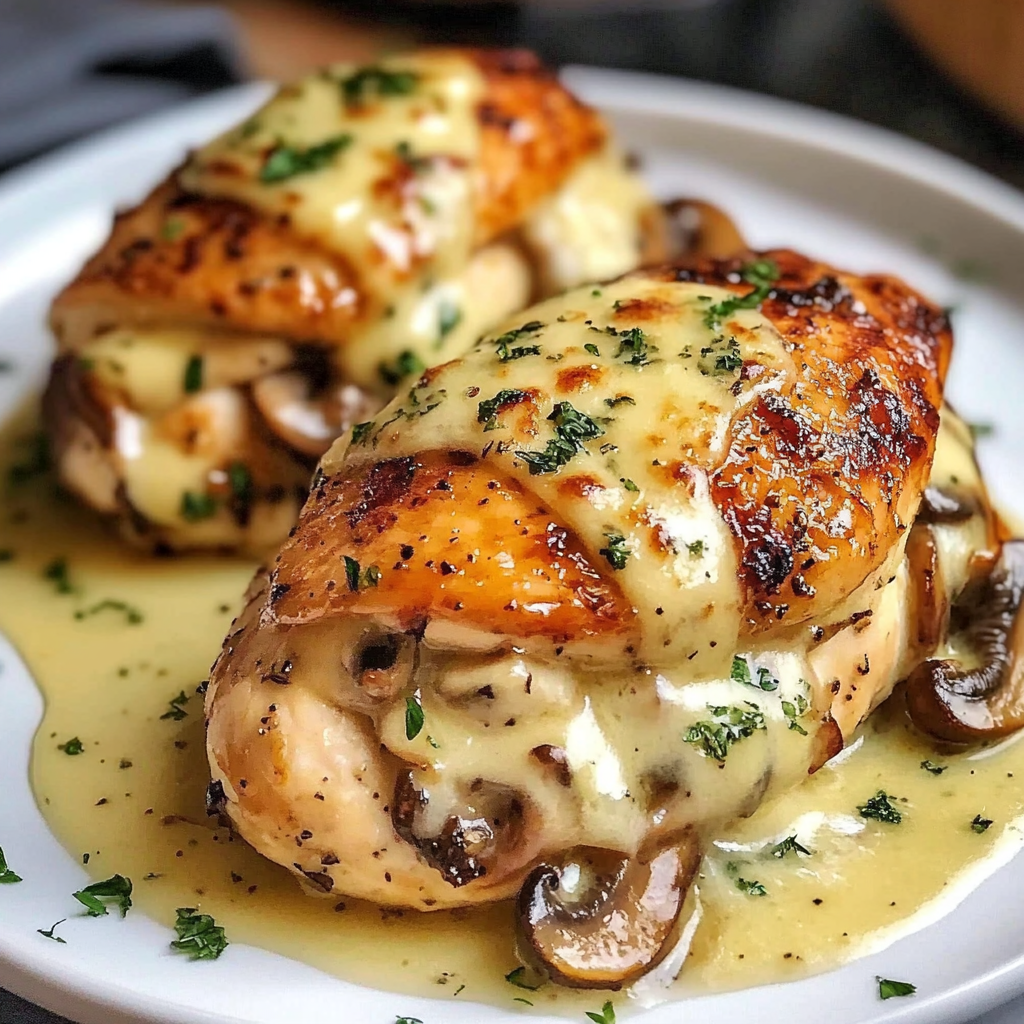 Two pieces of chicken covered in cheese and mushrooms.