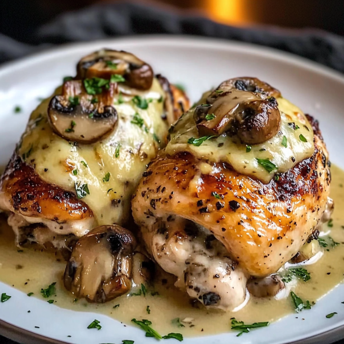Two pieces of chicken with mushrooms on top.