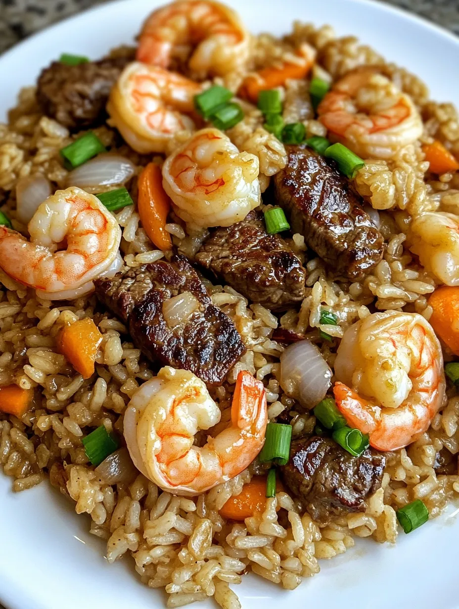 A plate of shrimp and steak fried rice.