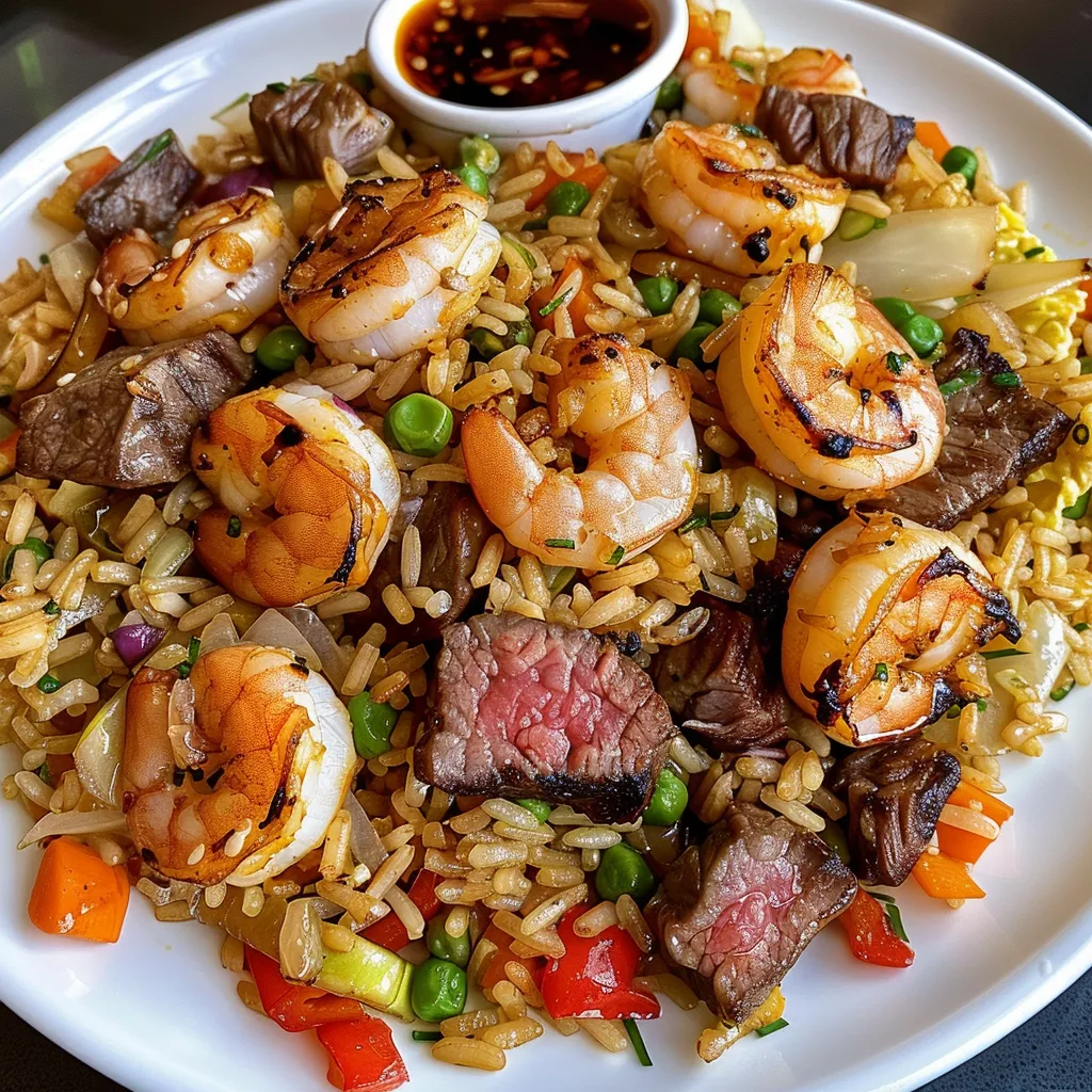 A plate of shrimp and steak fried rice.