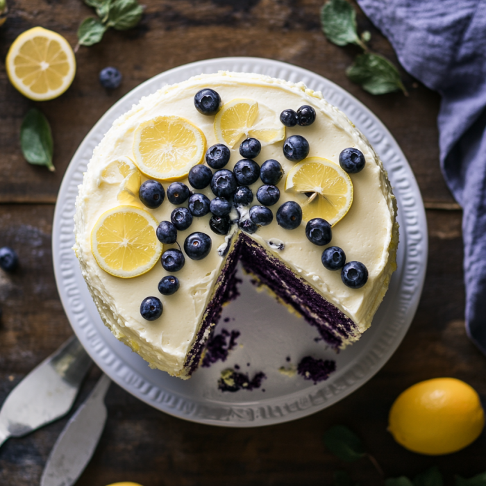 A slice of cake with blueberries and lemon.