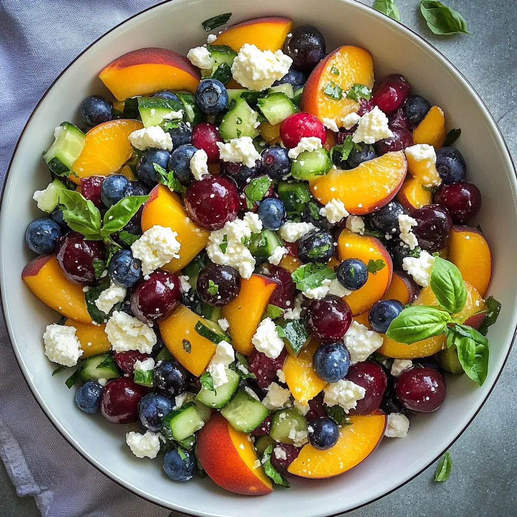 A bowl of blueberry peach feta salad.
