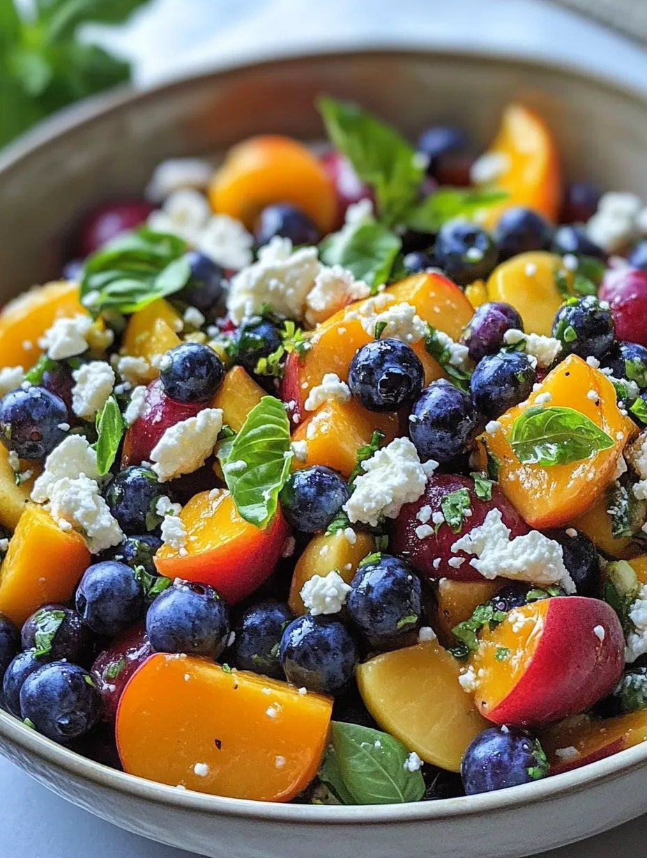 A bowl of fruit salad with blueberries, peaches, and feta cheese.