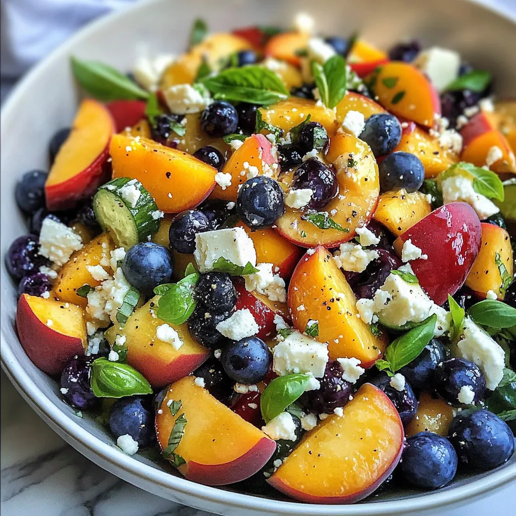 A bowl of fruit salad with blueberries, peaches, and feta cheese.