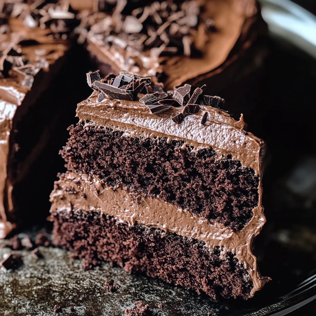 A slice of chocolate cake with chocolate frosting.