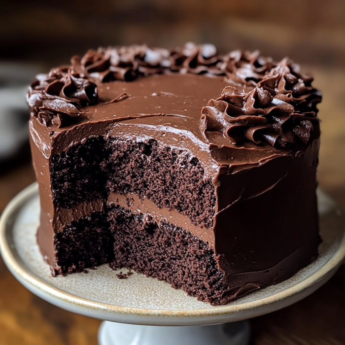A chocolate cake with white frosting and chocolate chips.