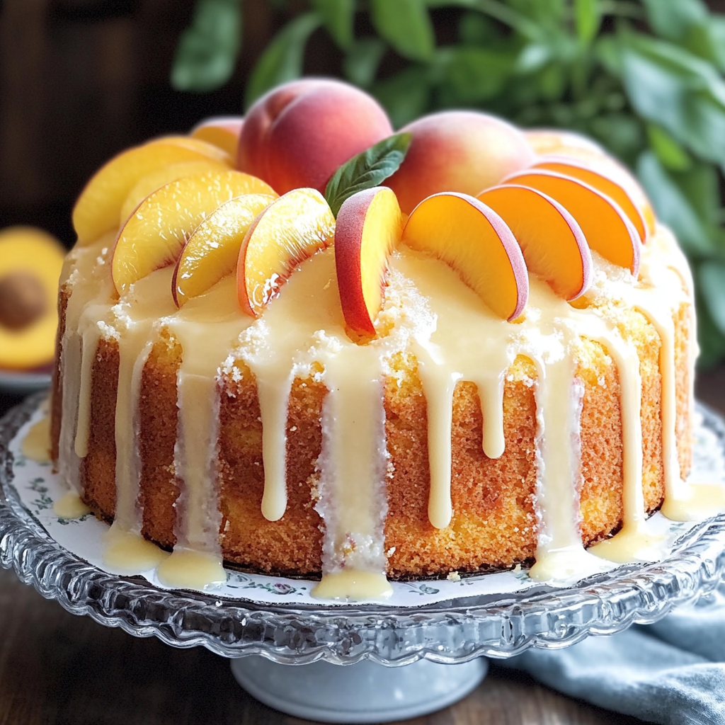 A cake with peaches on top.