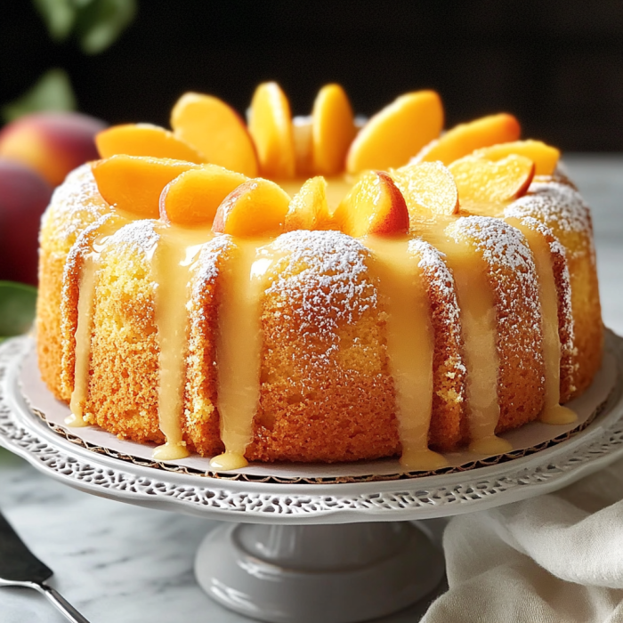 A cake with peaches on top.